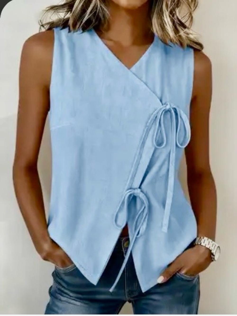 Light Blue Linen Sleeveless Wrap-Style Women's Top 2X